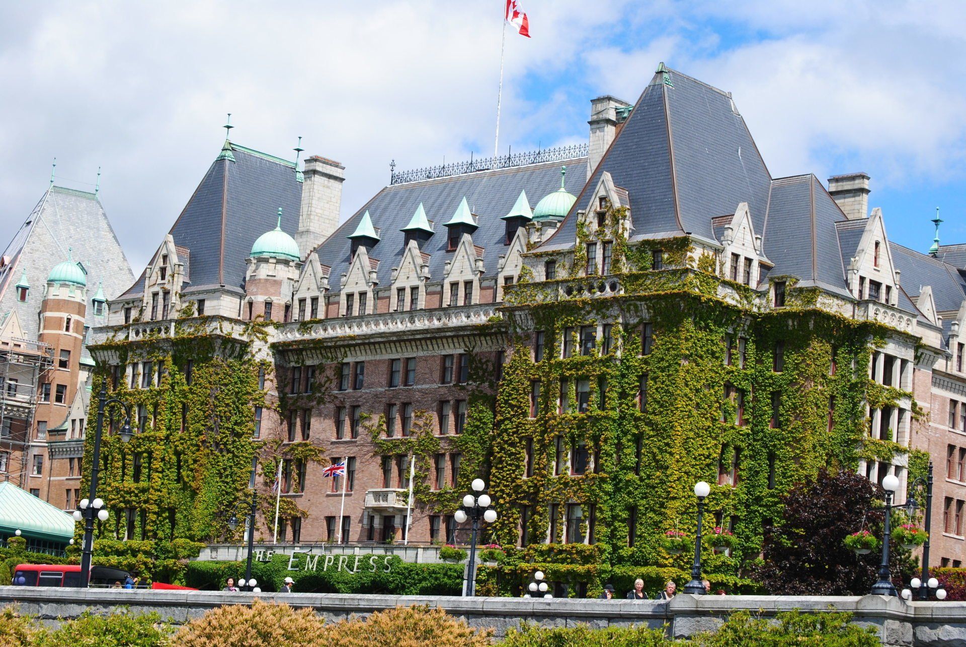 A large building with a flag on top of it