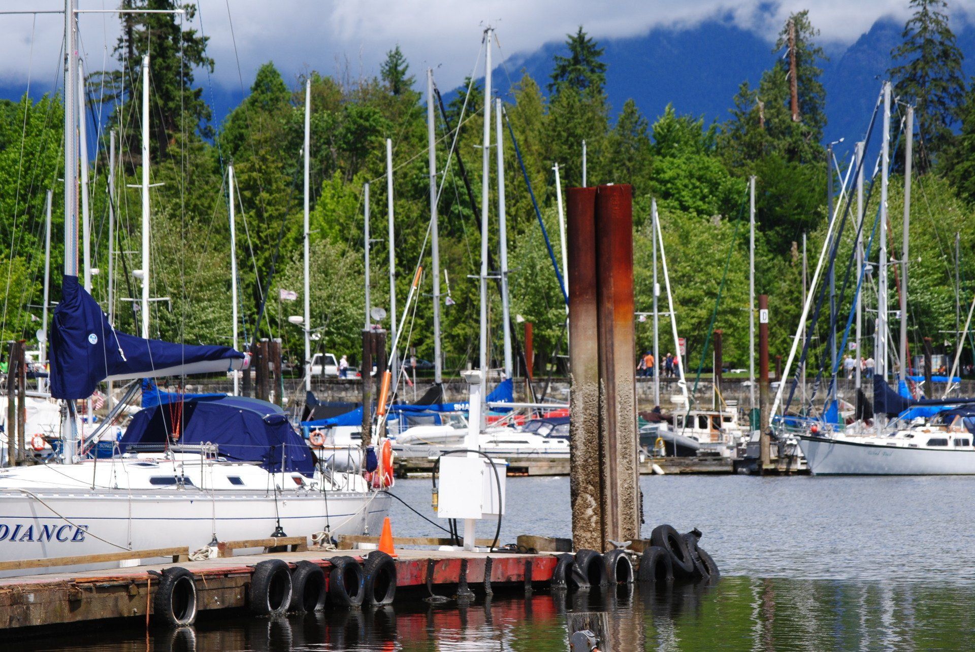 Several boats are docked in a harbor and one of them says ranger