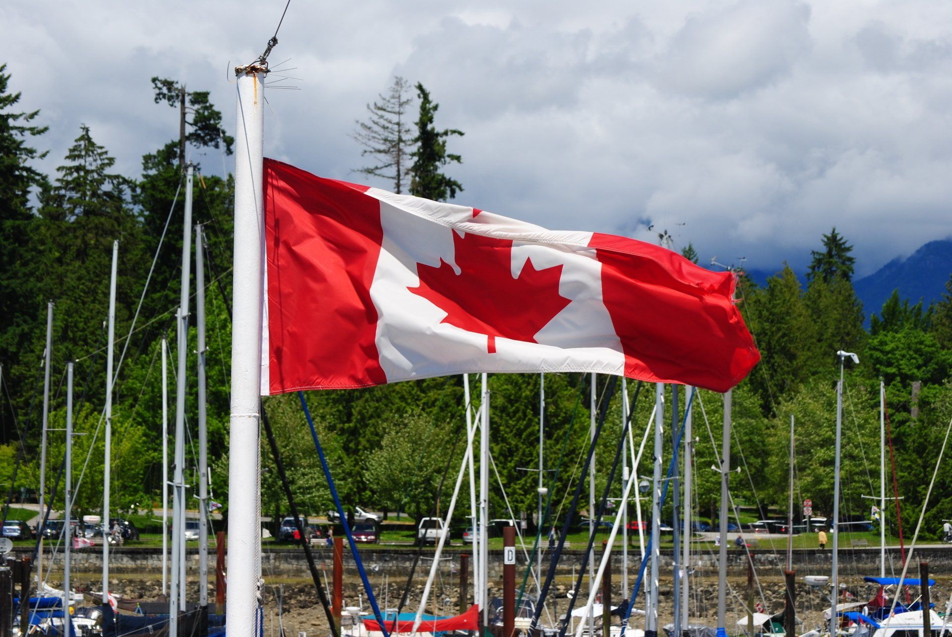 A red white and blue canadian flag is flying in the wind