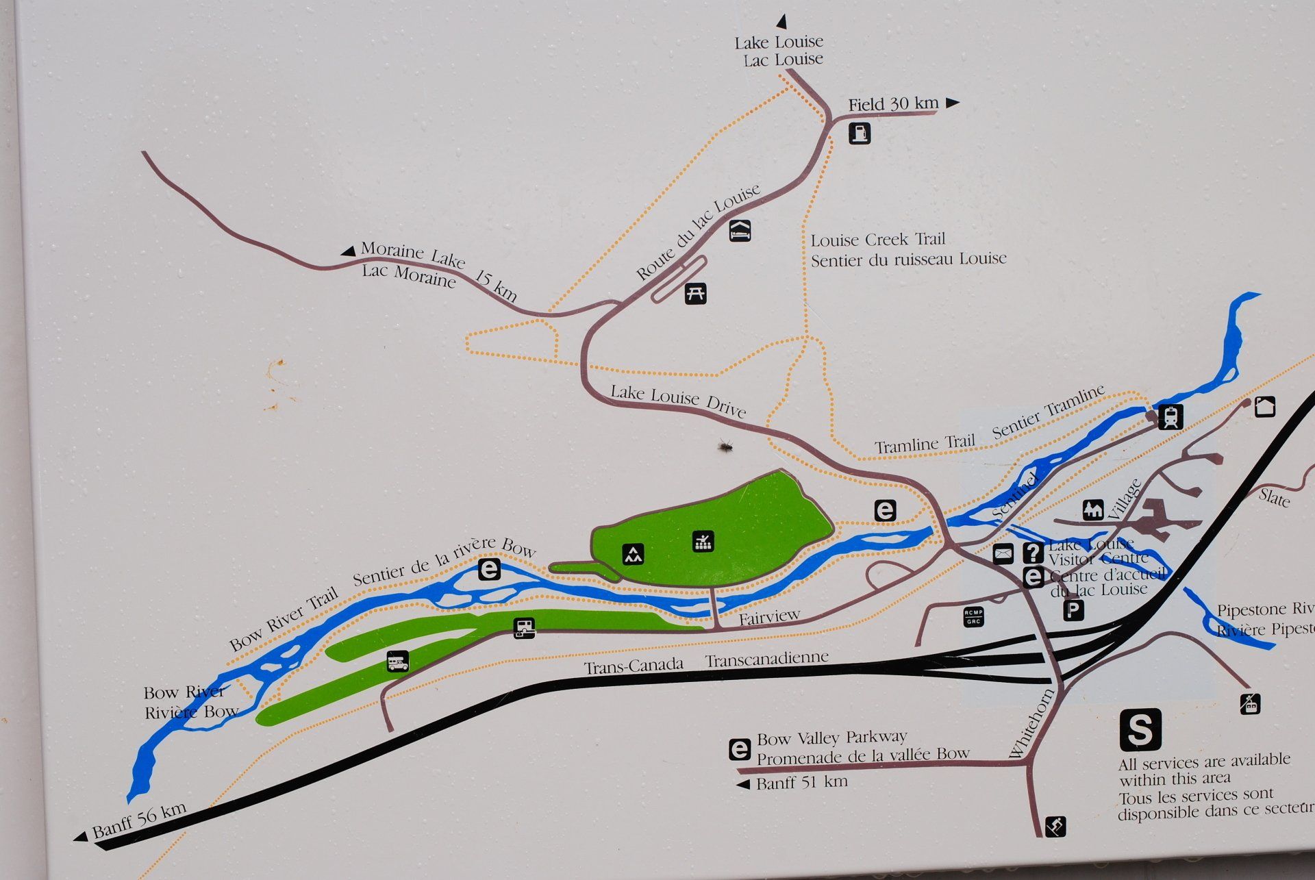 A map showing a river and a green area with the letter s on it