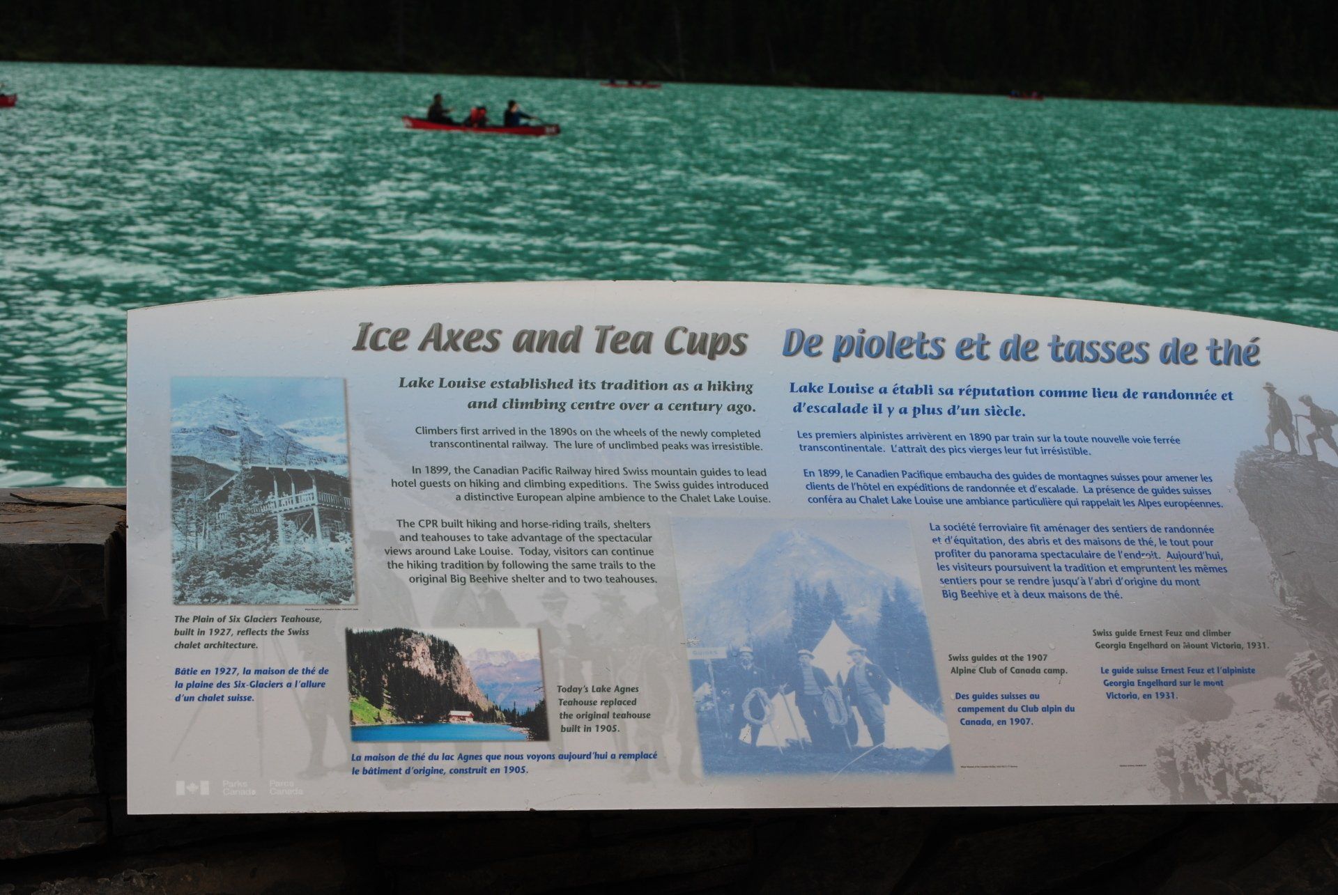 A sign that says ice axes and tea cups on it
