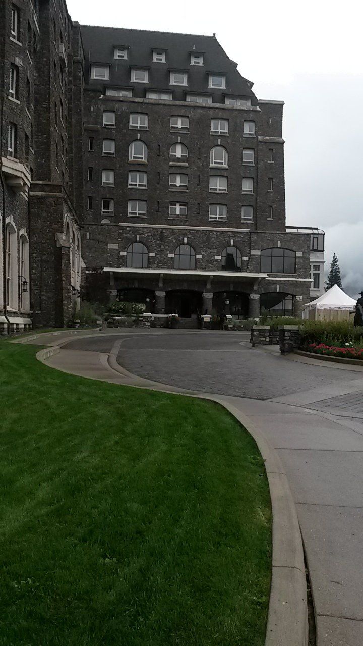 A large building with a lot of windows is in the background