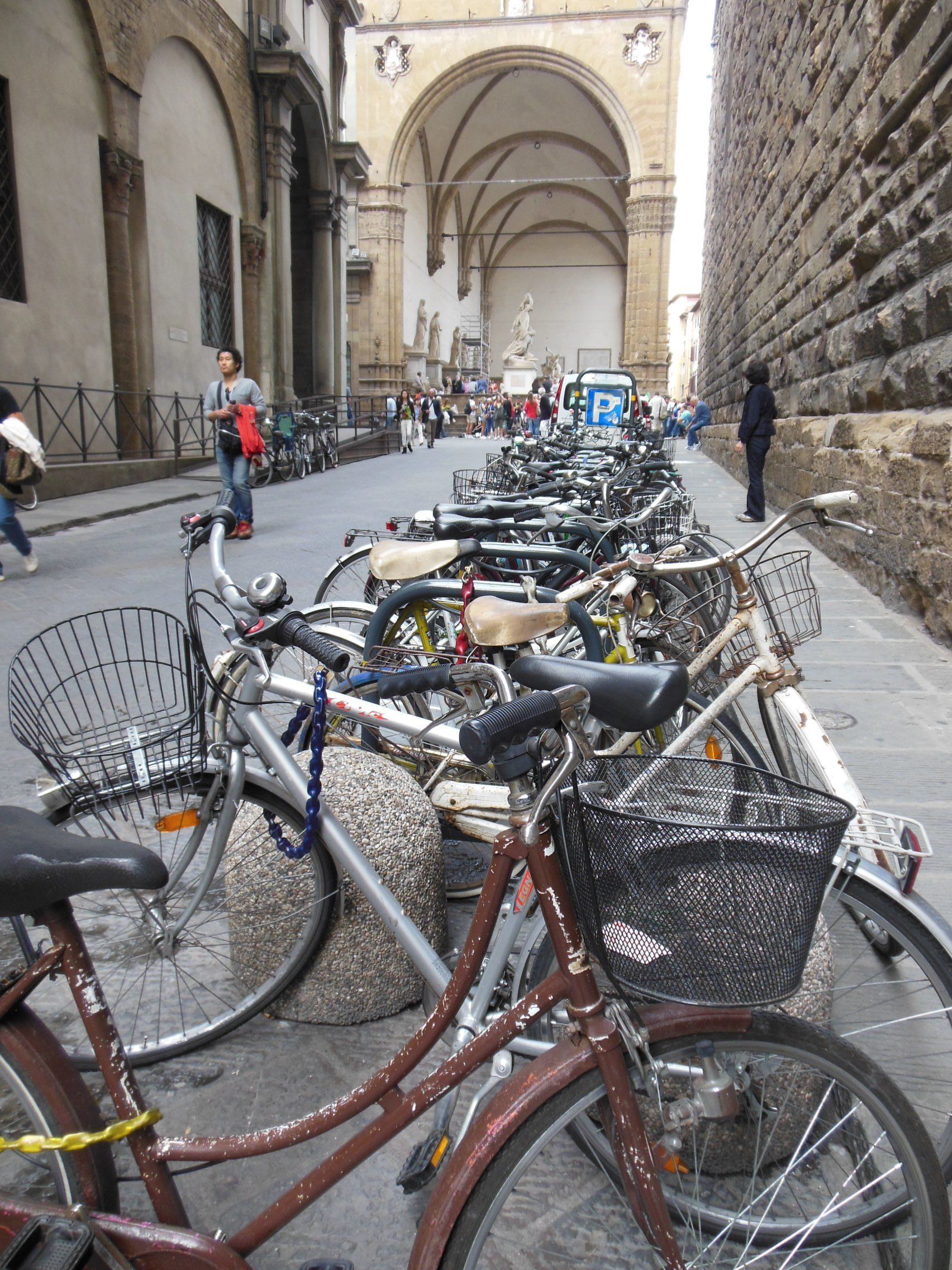A row of bicycles are parked on the side of the road