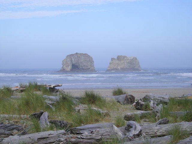 There are two large rocks in the distance on the beach.