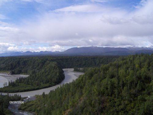 A river flowing through a forest with mountains in the background