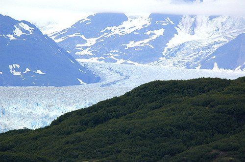 A large glacier is surrounded by mountains and trees