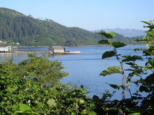A large body of water surrounded by trees and mountains