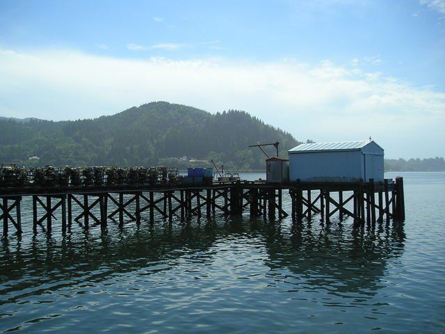 A large body of water with a dock and mountains in the background