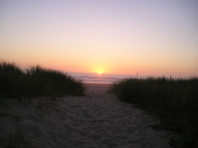 A path leading to the beach at sunset
