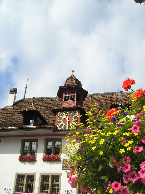 A clock tower on top of a building with flowers in front of it