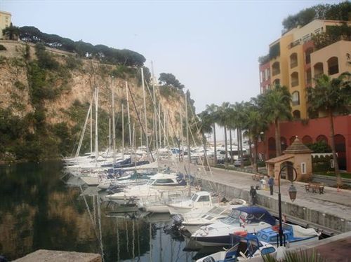 Boats are docked in a marina with a building in the background