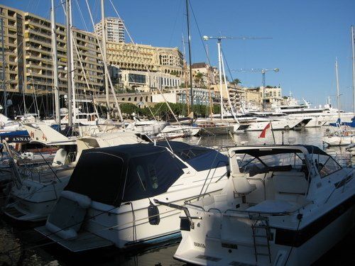 A row of boats are docked in a marina with buildings in the background