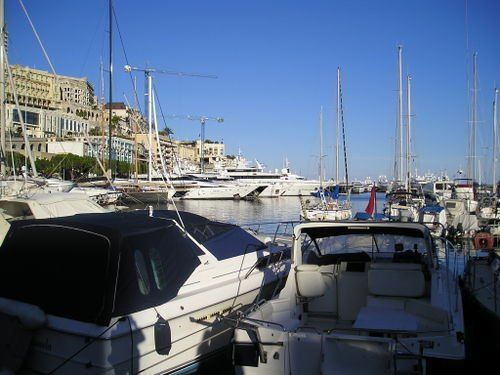 Many boats are docked in a harbor with buildings in the background