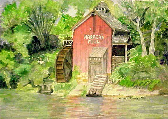 A watercolor painting of a red barn with a water wheel in front of it.