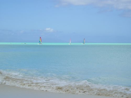 A couple of sailboats are floating on top of a turquoise ocean.