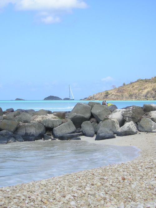 A rocky beach with a sailboat in the distance