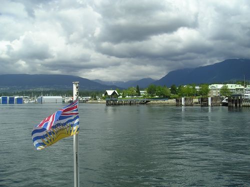 A canadian flag is flying over a body of water