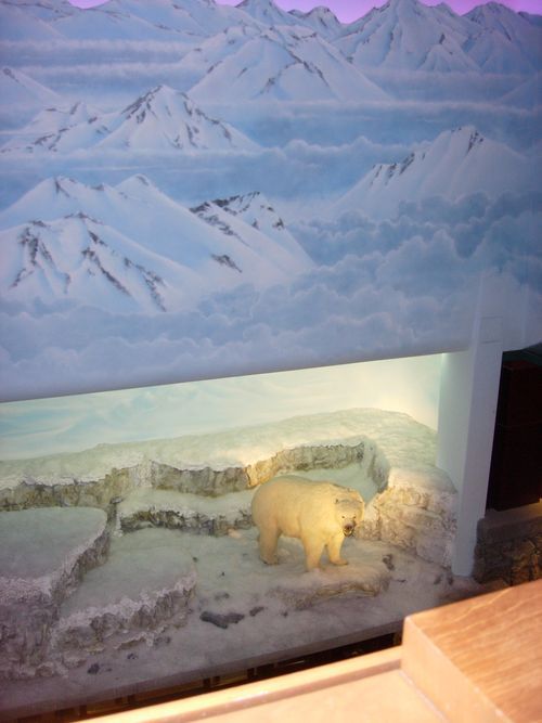 A polar bear in a display case with mountains in the background