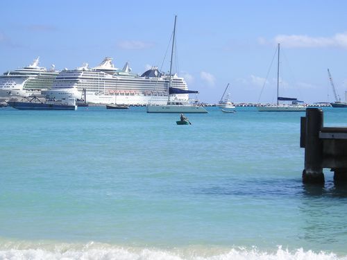 A large cruise ship is docked in the ocean