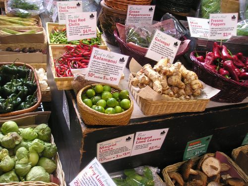 A variety of fruits and vegetables are on display at a market