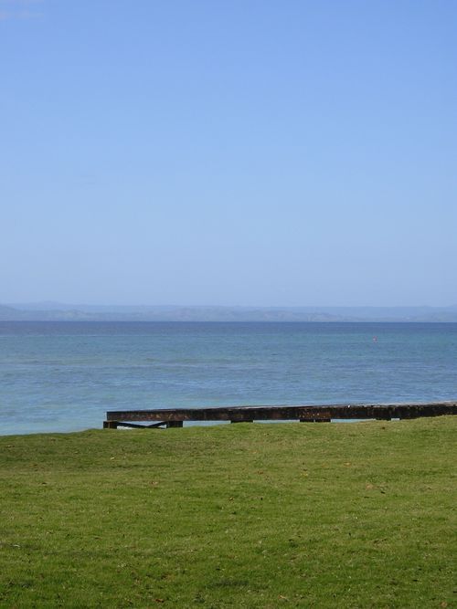 There is a grassy field in the foreground and a pier in the background.