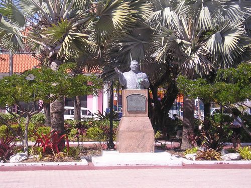 A statue of a man in a park with palm trees