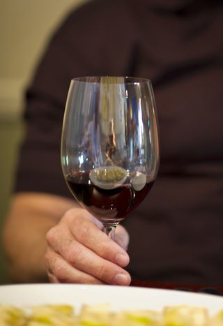 A person is holding a glass of red wine in front of a plate of food.