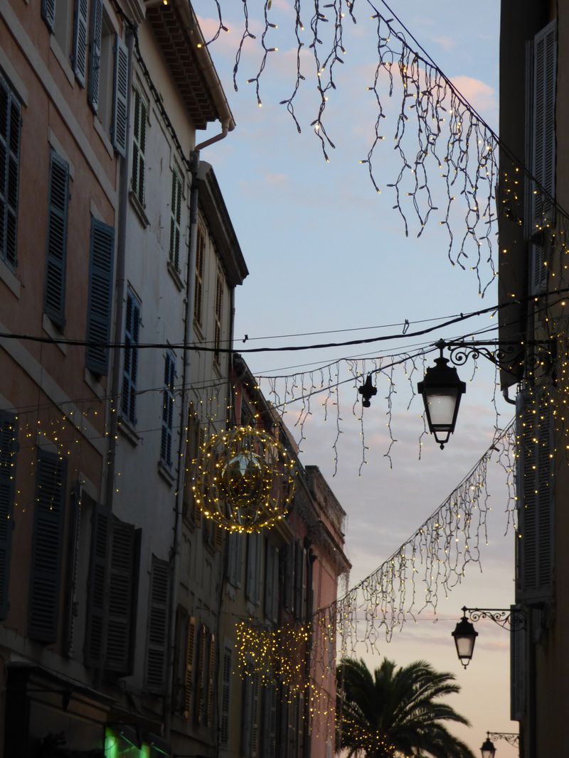 A row of buildings are decorated with christmas lights