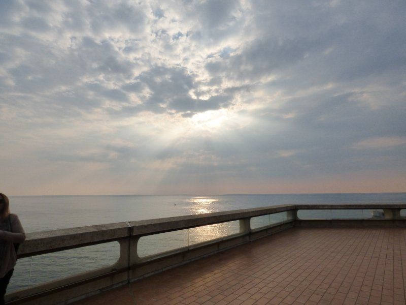 A person is standing on a balcony overlooking the ocean.