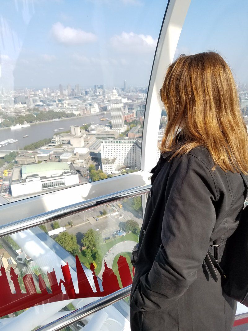 A woman is looking out of a ferris wheel over a city