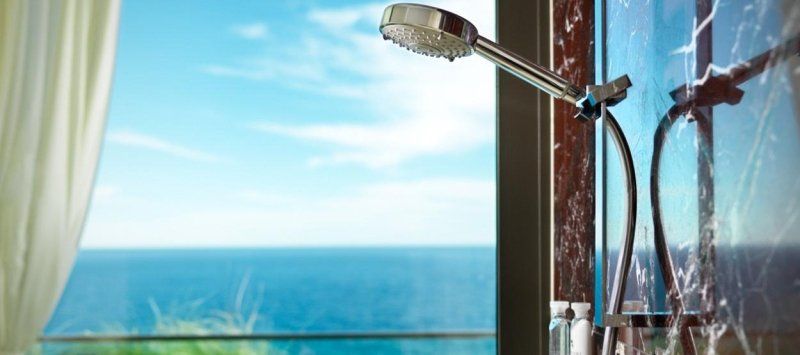 A bathroom with a shower head and a view of the ocean.