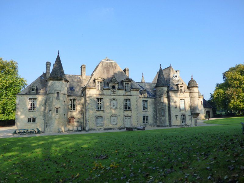 A large castle is sitting in the middle of a lush green field.
