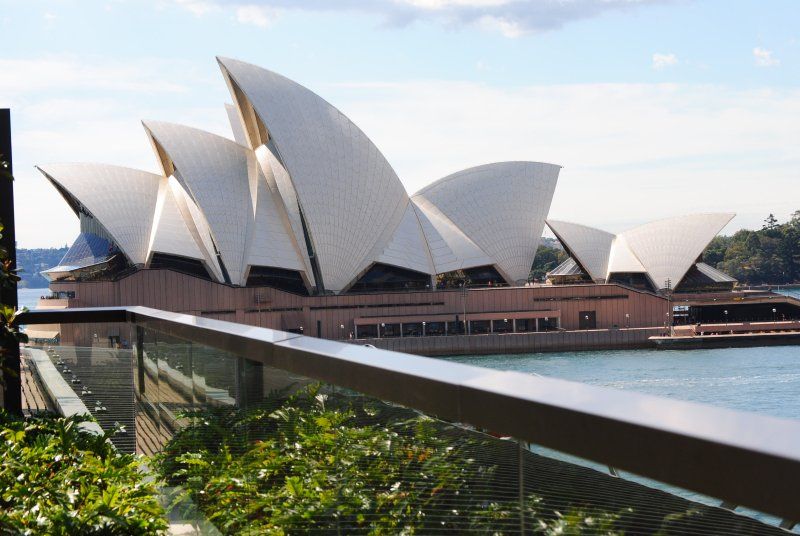A view of the opera house from a balcony overlooking the water