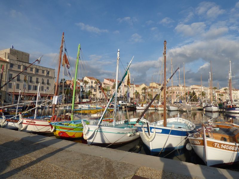A row of boats are docked in a harbor and one of them has the number 7 on it