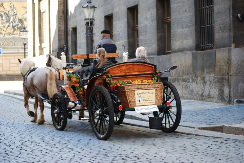 A horse drawn carriage is driving down a cobblestone street