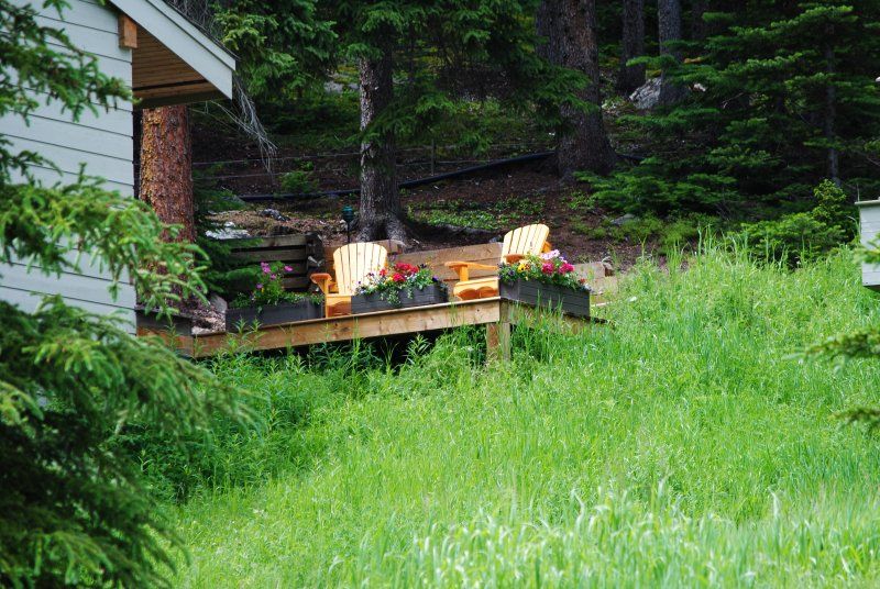 Two chairs are sitting on a deck next to a house in the woods.