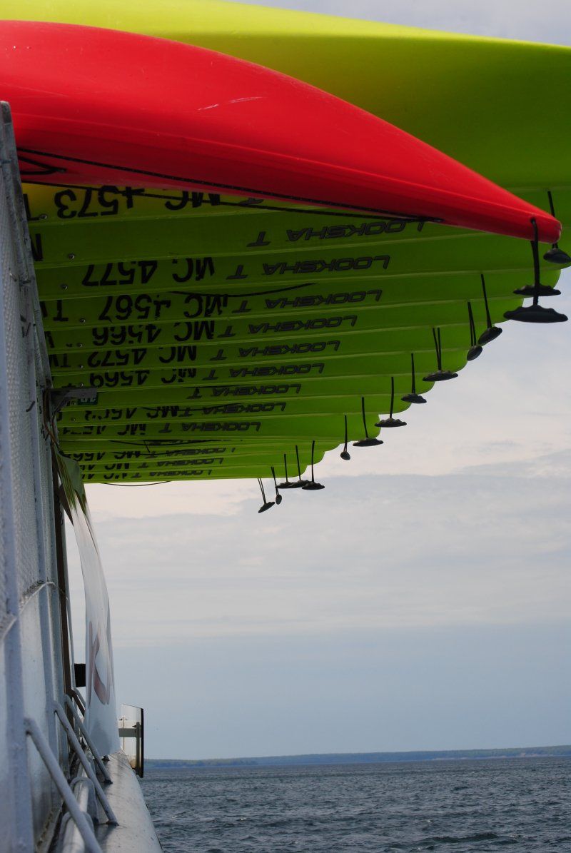A row of green and red umbrellas with the number 4577 on them