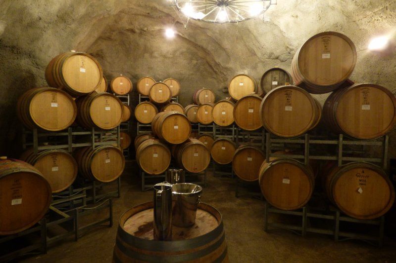 A wine cellar filled with lots of barrels and a sink.