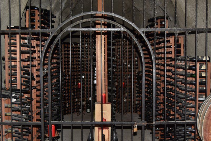 A man stands behind a fence in a wine cellar