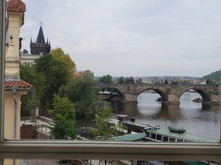 A view of a bridge over a river from a window.