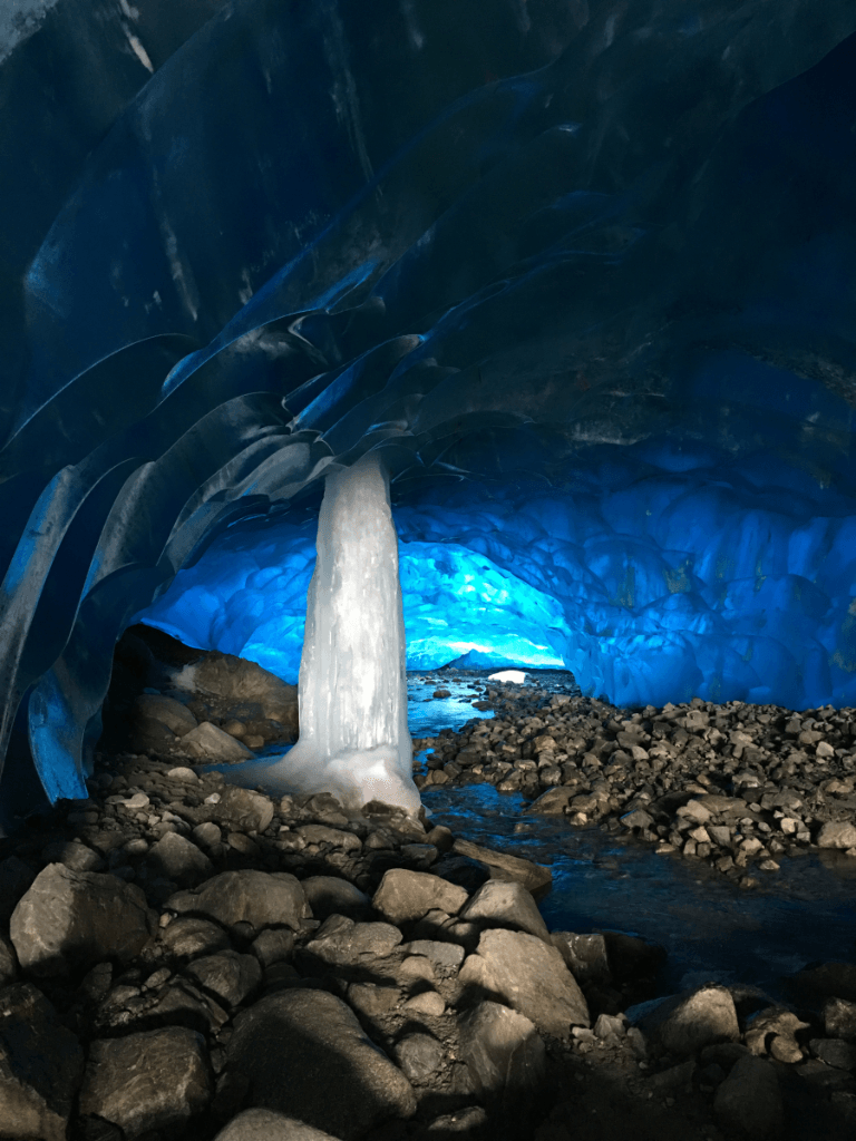 There is a waterfall in the middle of the cave.