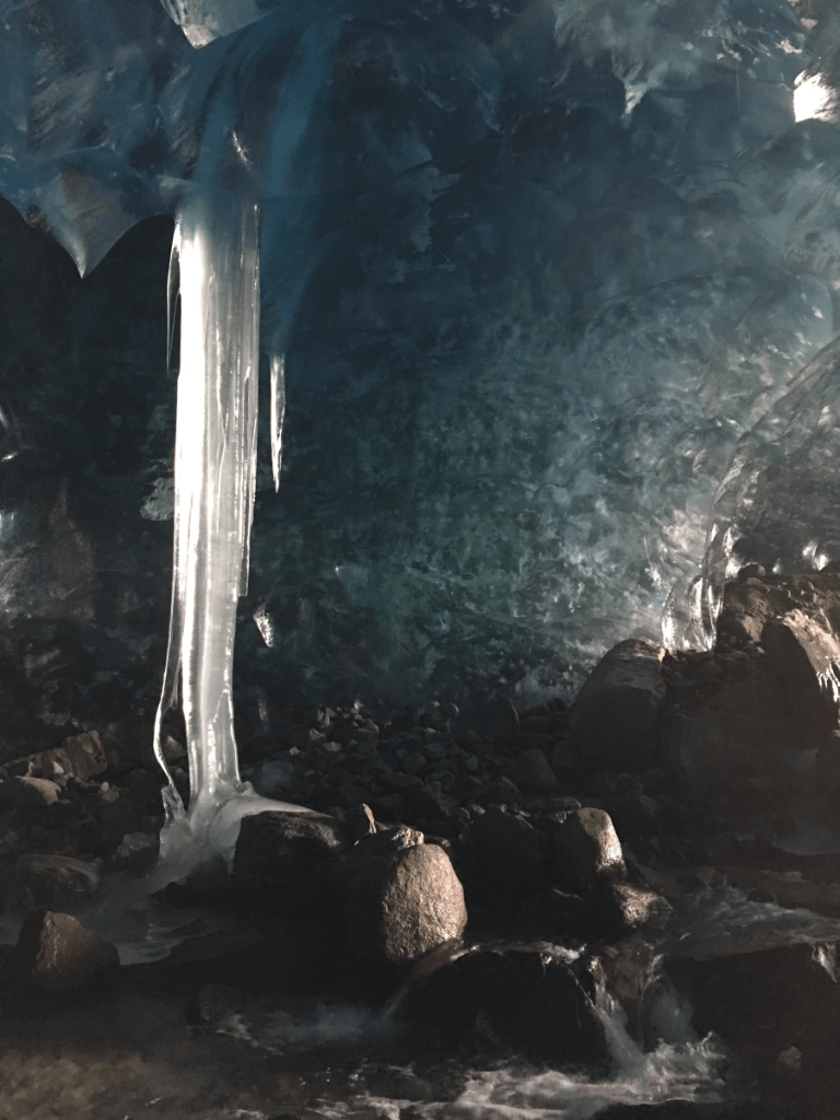 There is a waterfall in the middle of the cave.