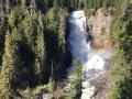 A waterfall in the middle of a forest with a rainbow in the background.