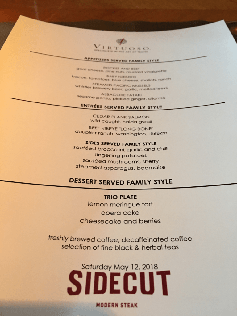 A menu with the word sidecut on it