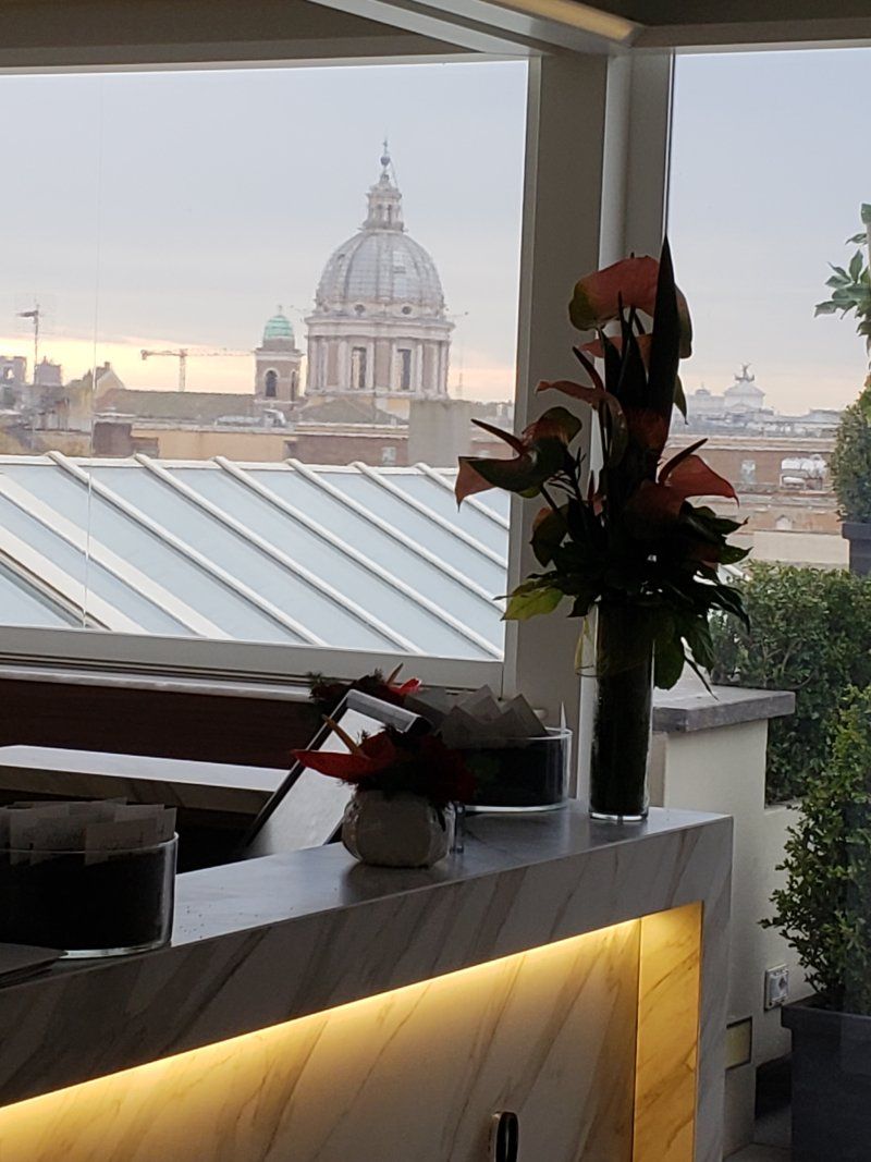 A view of a city from a restaurant with a dome in the background
