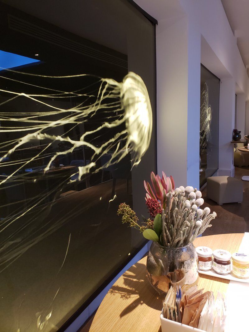 A vase of flowers sits on a table in front of a window with a jellyfish in the background