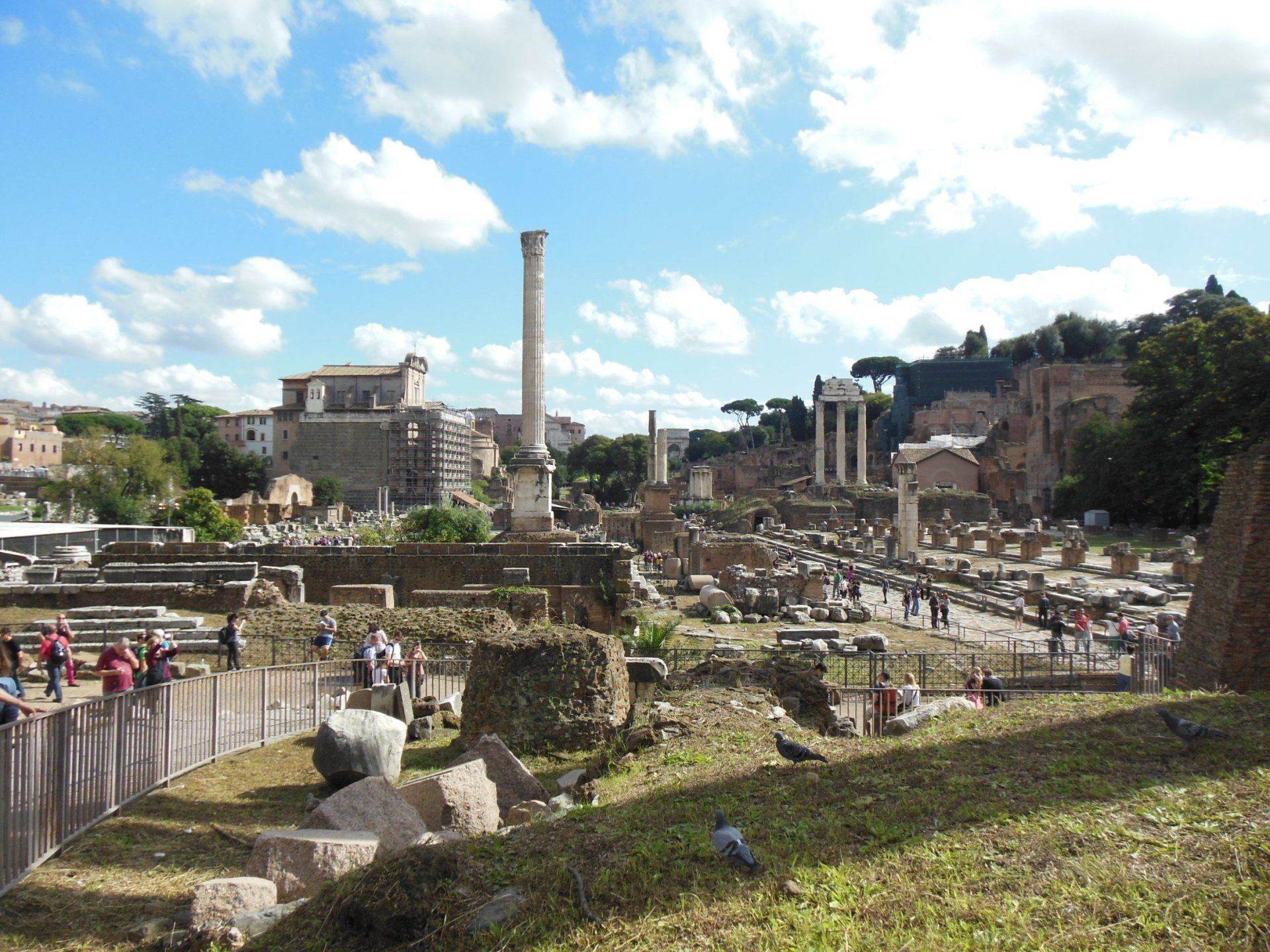 A group of people are walking through a ruined city