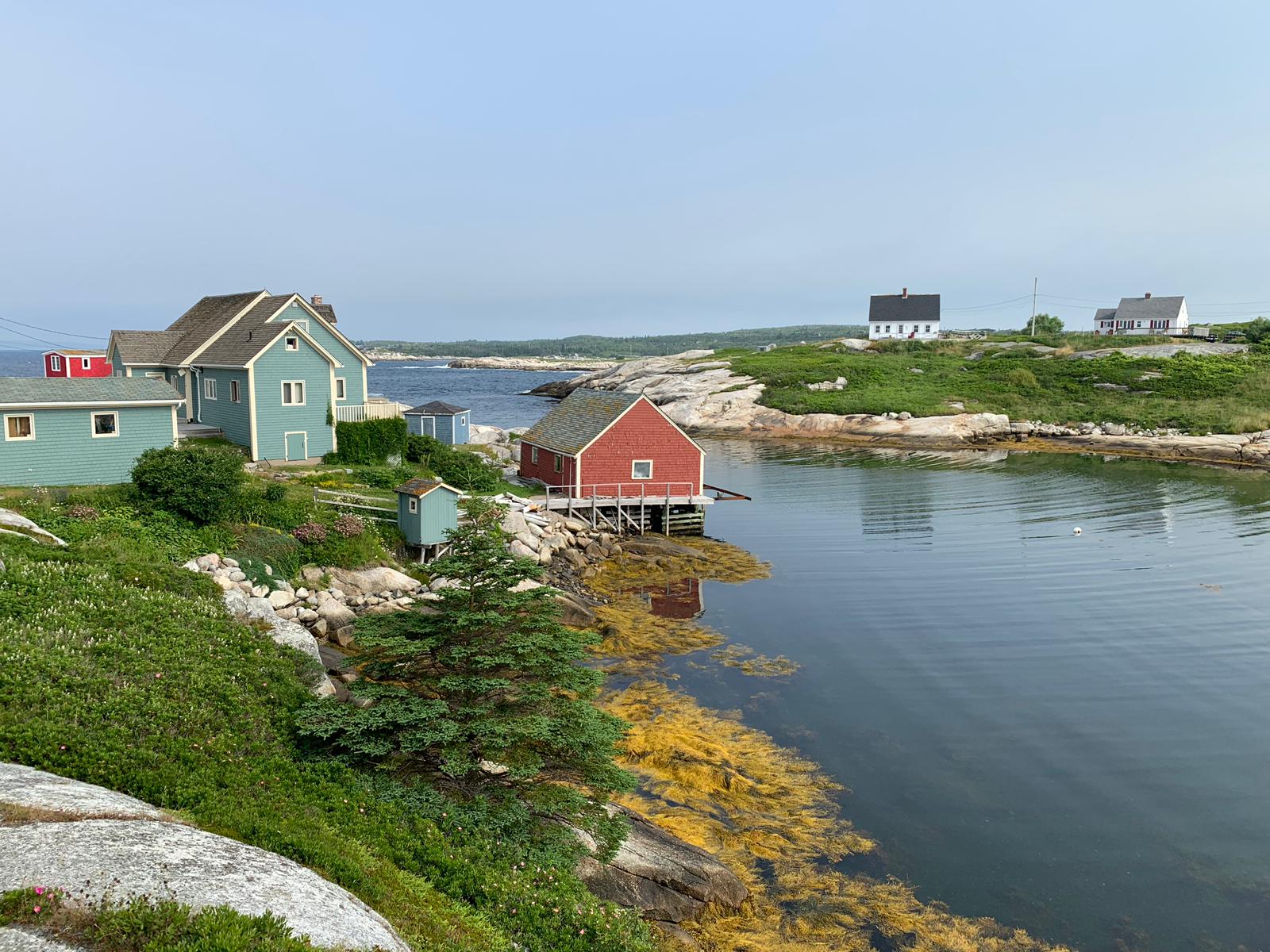 A group of houses are sitting on the shore of a body of water.