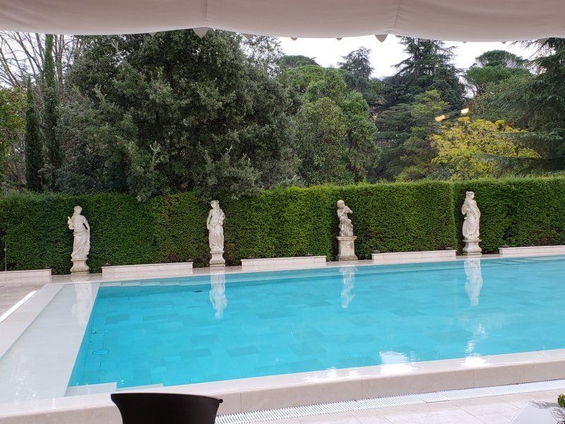 A large swimming pool surrounded by statues and trees