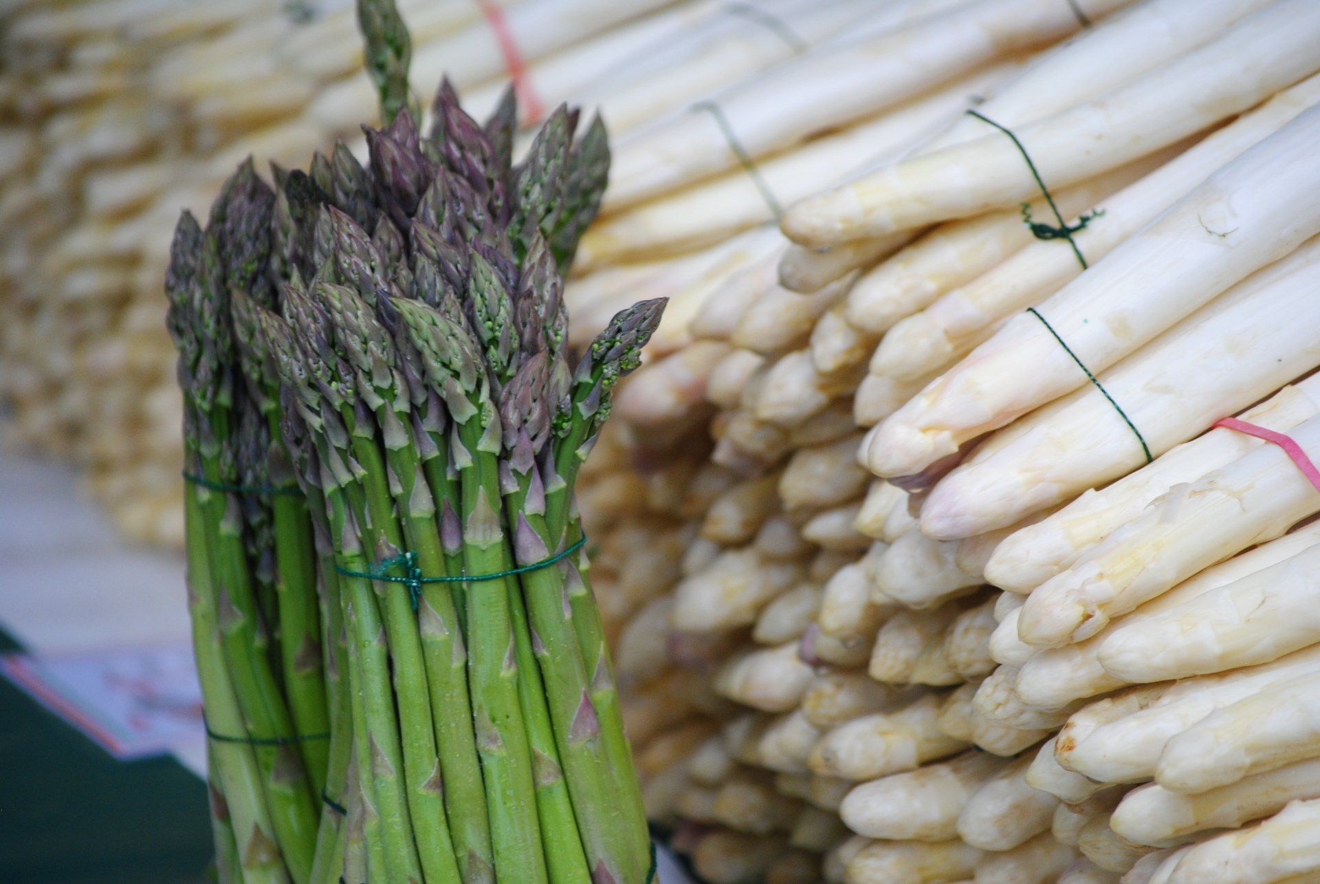 A bunch of green asparagus next to a pile of white asparagus.